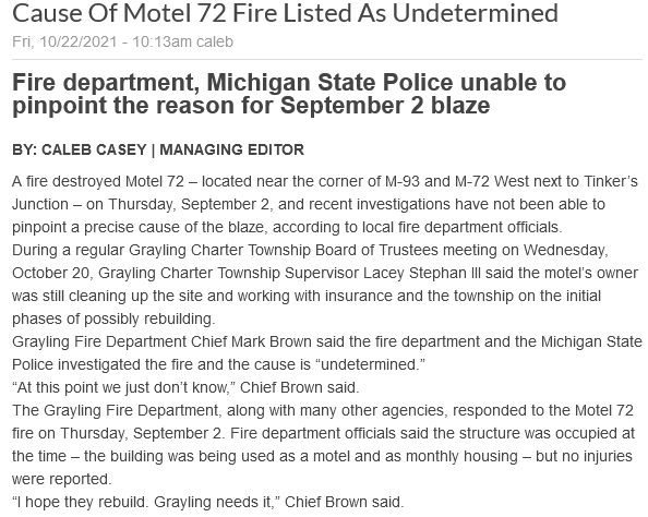 Motel 72 - Cause Of Fire Undetermined - Crawford County Avalanche